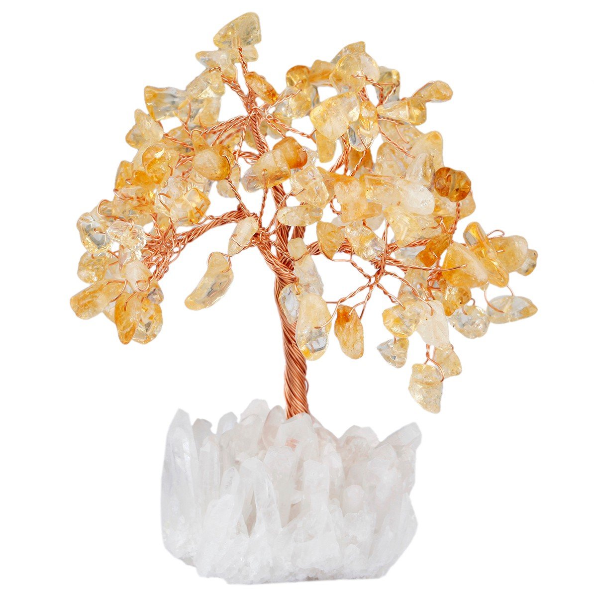 mookaitedecor Natural Citrine Crystal Money Tree, Gemstone Feng Shui Ornaments Bonsai Tree of Life Figurines for Wealth Luck Abundance, White Rock Quartz Crystal Stone Cluster Base