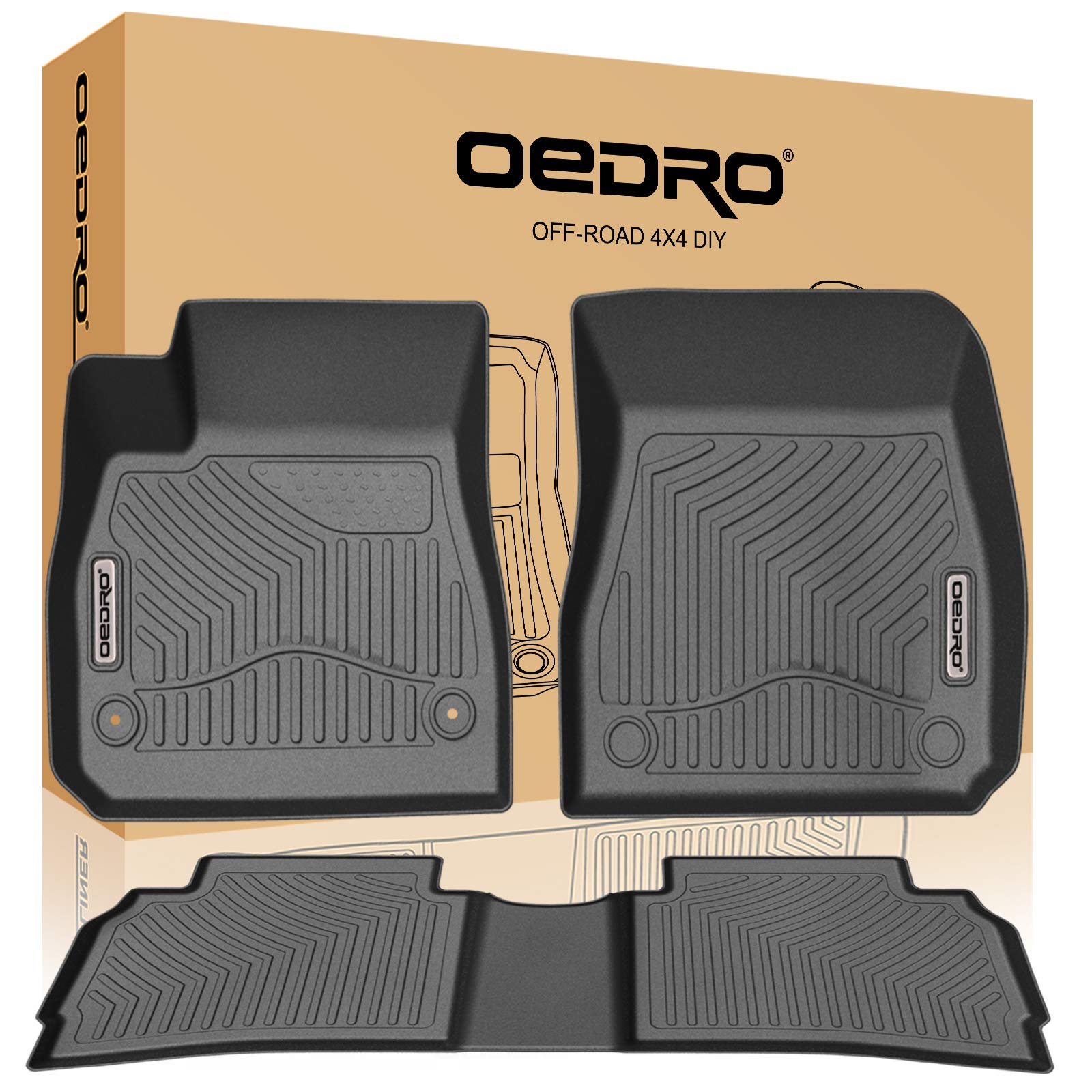 oEdRo Floor Mats Compatible for 2016-2019 Chevrolet Malibu, Unique Black TPE All-Weather Guard Includes 1st and 2nd Row: Front, Rear, Full Set Liners