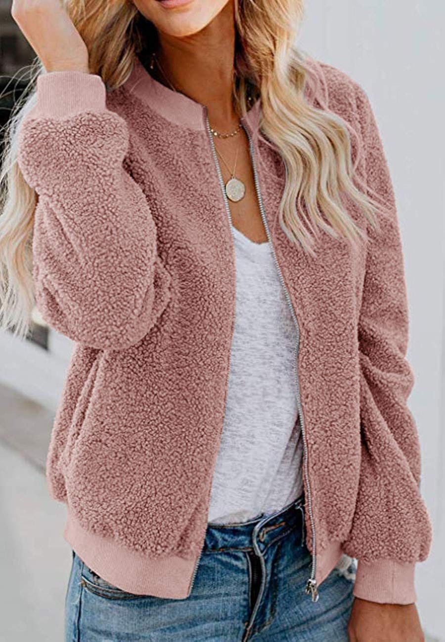 MIROL Women's Sherpa Fleece Jacket Faux Fuzzy Long Sleeve Casual Zip Up Bomber Coat with Pockets at  Women’s Clothing store