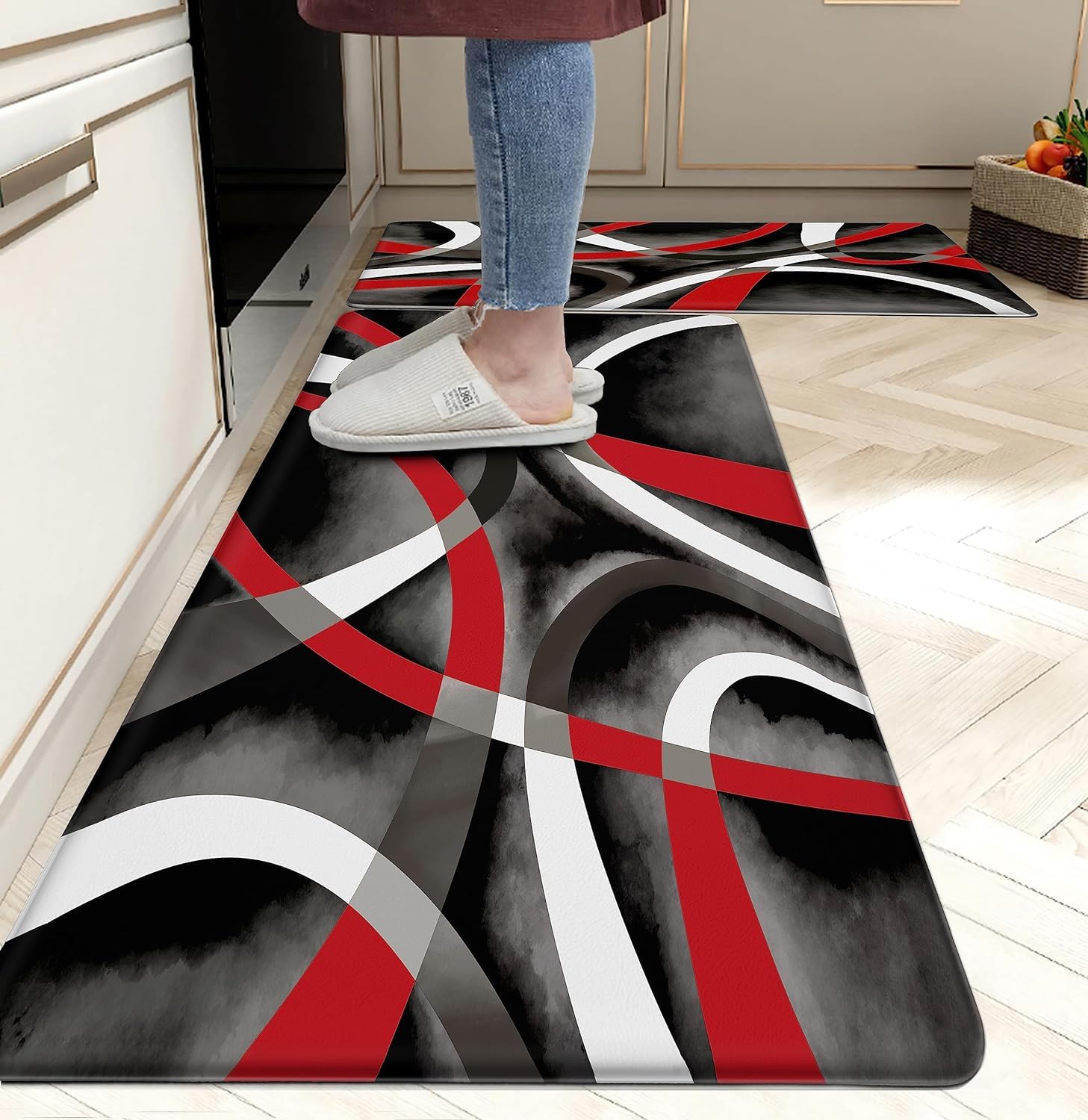 Photo 1 of Kitchen Mats for Floor red Kitchen Rugs Modern Abstract Circle Anti Fatigue Kitchen Mats Waterproof Floor Mats Cushioned Non-Skid Standing Mats for Laundry, Office, Set of 2,17.3 x 28+17.3 x 47 Inch