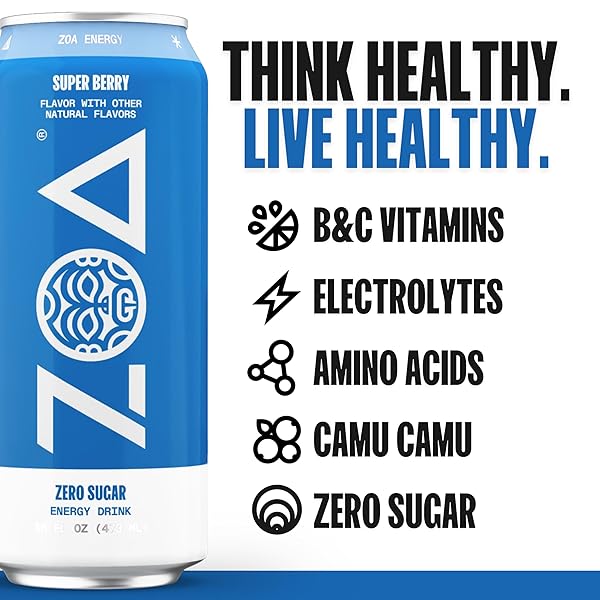 ZOA ZERO SUGAR ENERGY DRINKS, SUPER BERRY – SUGAR FREE WITH ELECTROLYTES, HEALTHY VITAMIN C, AMINO ACIDS, ESSENTIAL B-VITAMINS, AND CAFFEINE FROM GREEN TEA – 16 FL OZ (12-PACK)
