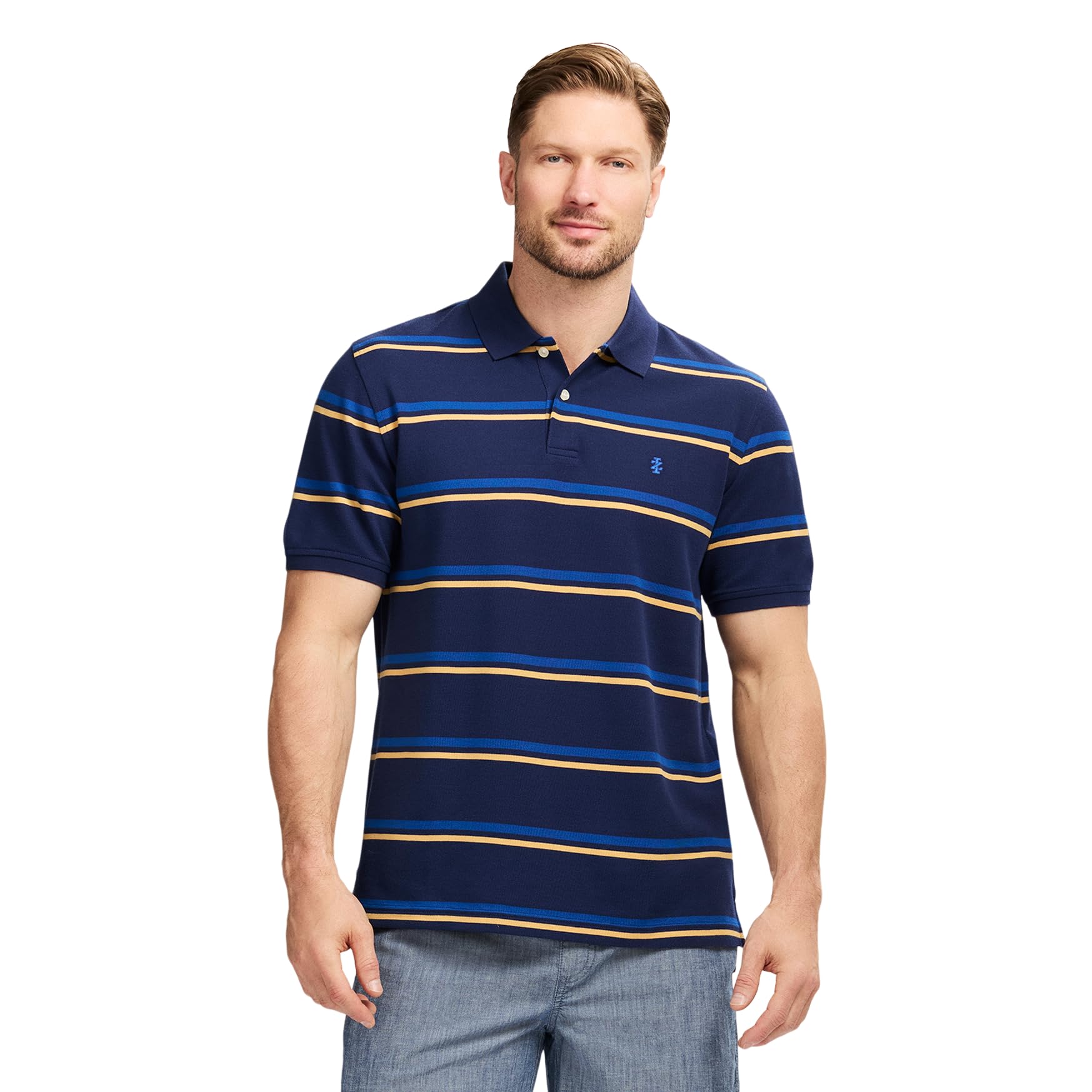 Izod Men’s Advantage Performance Short Sleeve Stripe Polo Shirt, Medieval Blue, Small