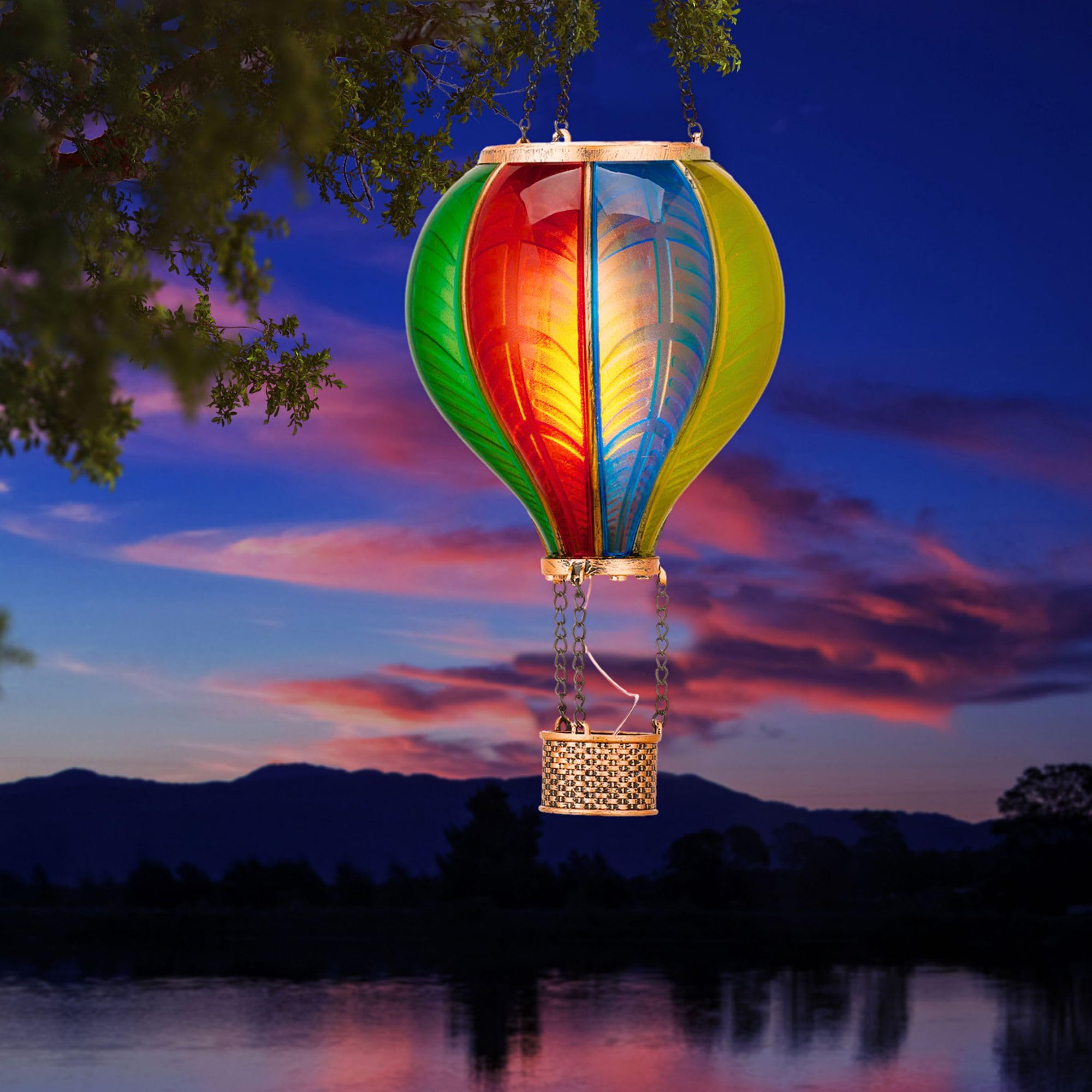 TERESA'S COLLECTIONS Garden Ornaments Outdoor, 45CM Realistic Flame Hot Air Balloon Solar Garden Light, Hanging Rainbow Glass Effect Solar LED Balloon Lantern, for Balcony & Tree, Gifts for Women