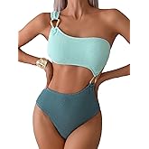 Fanuerg Women's One Piece Swimsuits Ribbed One Shoulder Bathing Suit Sexy Cutout Color Block Swimwear Mint Green XL