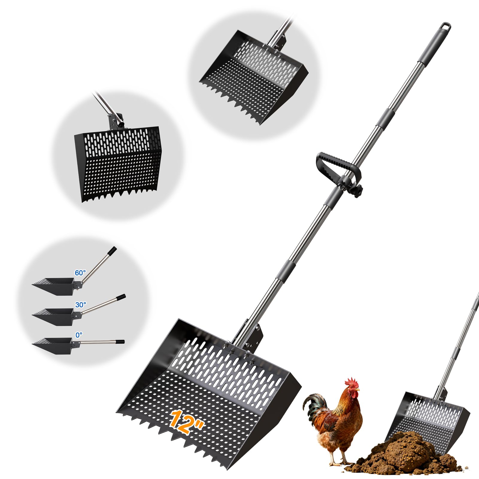 Photo 1 of 12-Inch 2-in-1 Chicken Poop Scooper & Rake, Chicken Coop Scoop with Adjustable Stainless Steel Handle ?24–64"?, 3 Angles & 2 Sifting Holes, Litter Scoop Sand Sifting Shovel Pooper Scooper (Black)