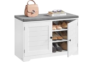 VASAGLE Shoe Storage Bench with Cushion, 3-Tier Entryway Bench with Padded Seat, Doors, Adjustable Shelves, 14 x 31.9 x 20.7 Inches, for Hallway, Bedroom, Cloud White and Dove Gray ULSB034W01