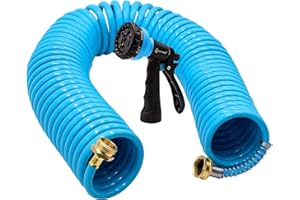 AUTOMAN Recoil Garden Water Hose 50 ft, EVA Curly Water Hose with Brass Connectors, Garden Hose Coil, Includes 7-Pattern Function Sprayer, Retractable, Corrosion Resistant Garden Coil Hose. Blue