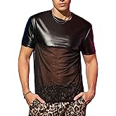 WDIRARA Men's Pu Leather Mesh Sheer T Shirts Round Neck Short Sleeve Panel Tee Top