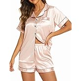 CUPSHE Womens Silk Pajamas Set Satin Short Sleeve Sleepwear Button Up Pjs Shorts Set