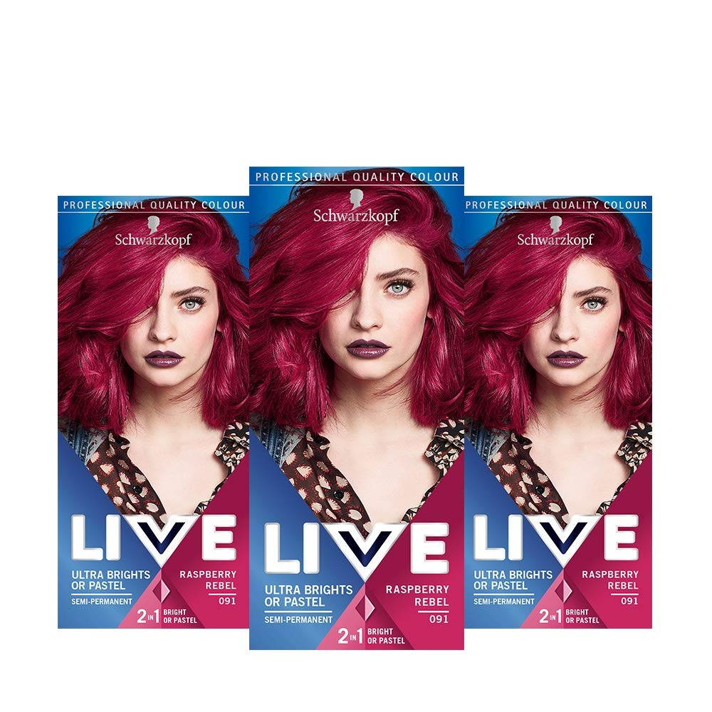 Schwarzkopf LIVE Ultra Brights or Pastel Red Hair Dye, Pack of 3, Semi-Permanent Colour lasts up to 15 washes - 091 Raspberry Rebel — image 1