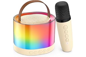 PPMIC Mini Karaoke Machine for Adults Kids, Portable Bluetooth Karaoke Speaker with 3.5" Full-Range Speaker and Colorful LED Lights, Support USB/TF Card/AUX (Beige-1Mic)
