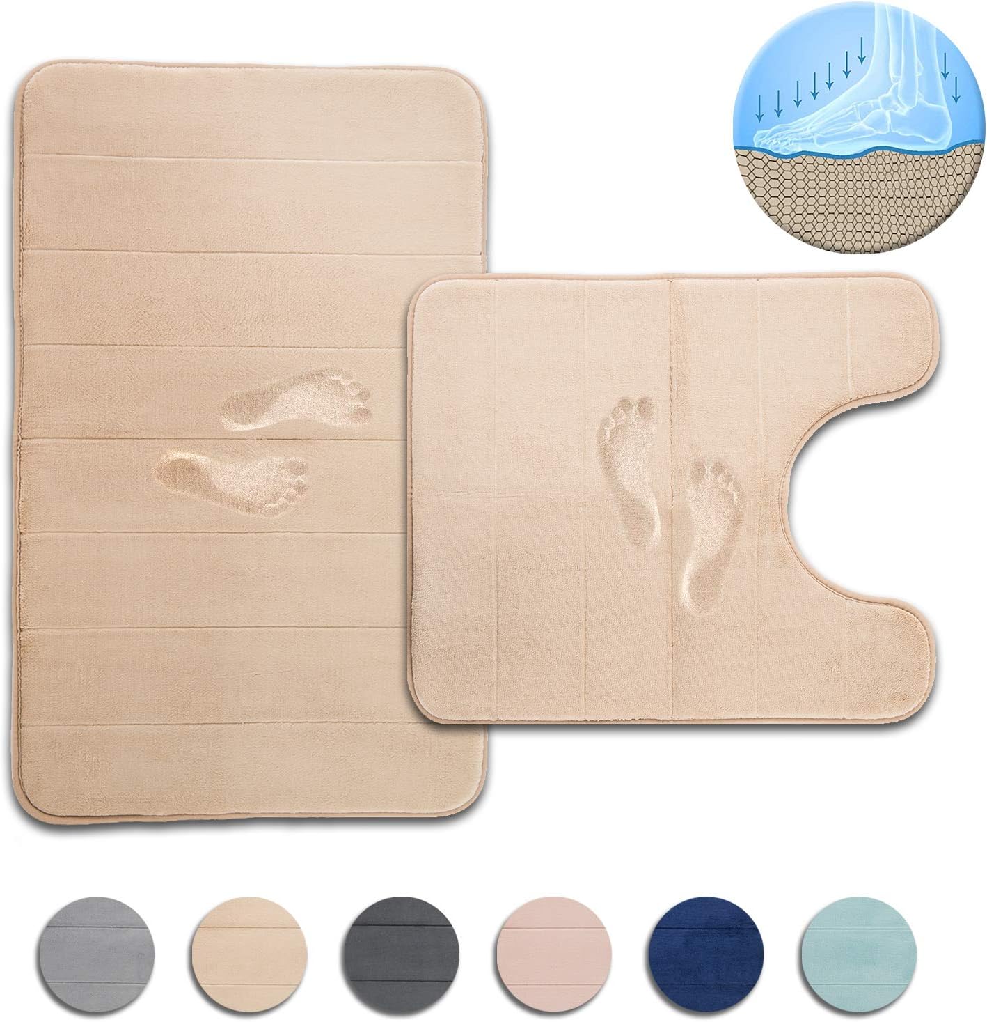 Freshmint Bath Mat Set, Large Size 32 by 20, Contoured Toilet Bathroom Rugs Coral Fleece Thick Memory Foam Padded, Super Absorbent Bath Rug, Soft, Non-Slip, Super Cozy Velvet Floor Mat, Beige