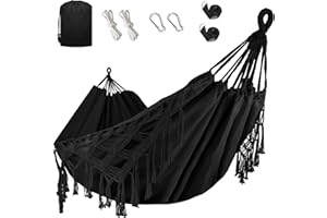 Bellzacasa Double Hammock, Heavy Duty 500 lb Load Capacity Tassels and Fishtail Knitting with Mounting Straps for Outdoor Camping Patio Balcony Black