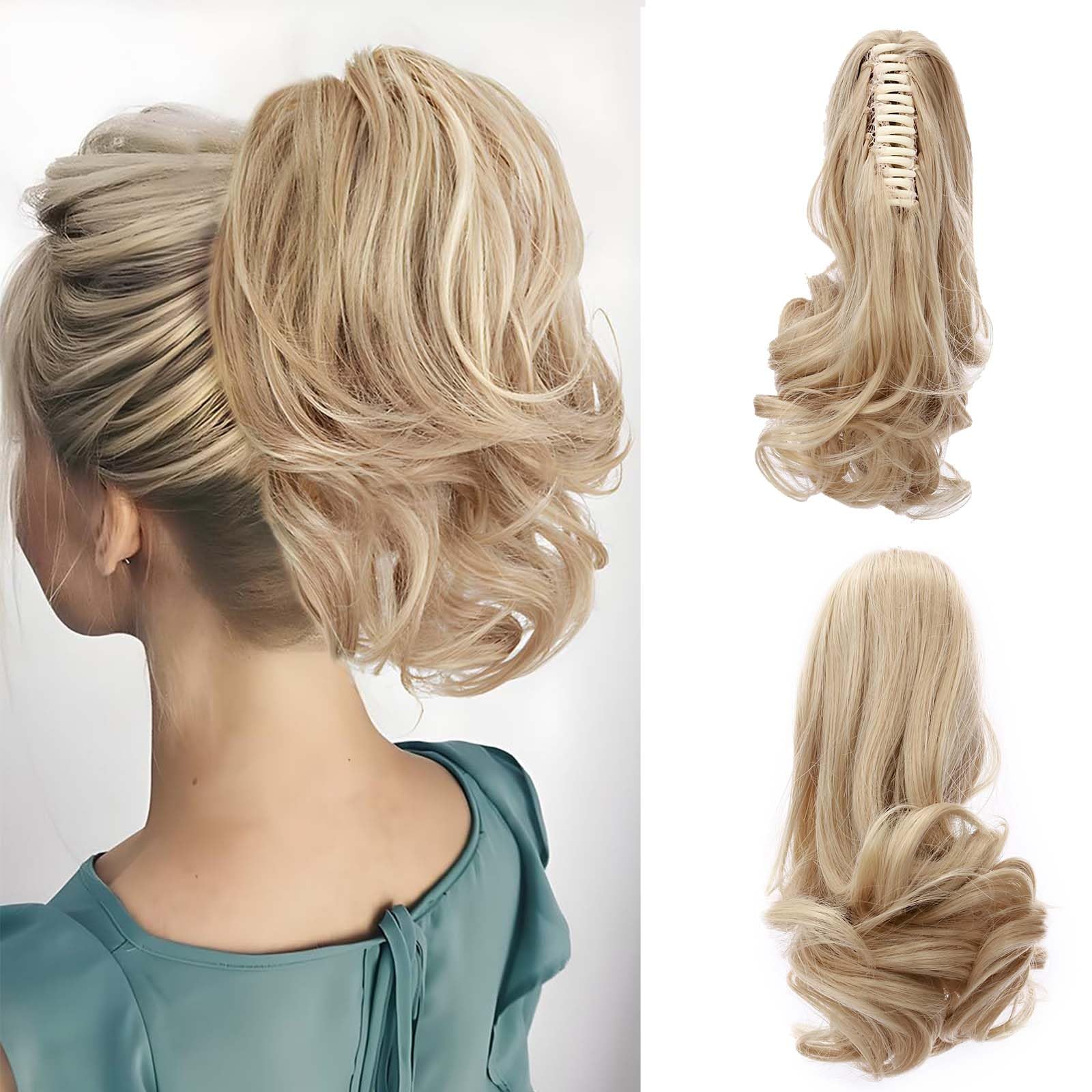 Fashion Ponytail Hair Extension Claw Curly Wavy Straight Clip in ponytail Hairpiece One Piece fake hair Ponytails for Women 12” Curly Golden mix Bleach Blonde