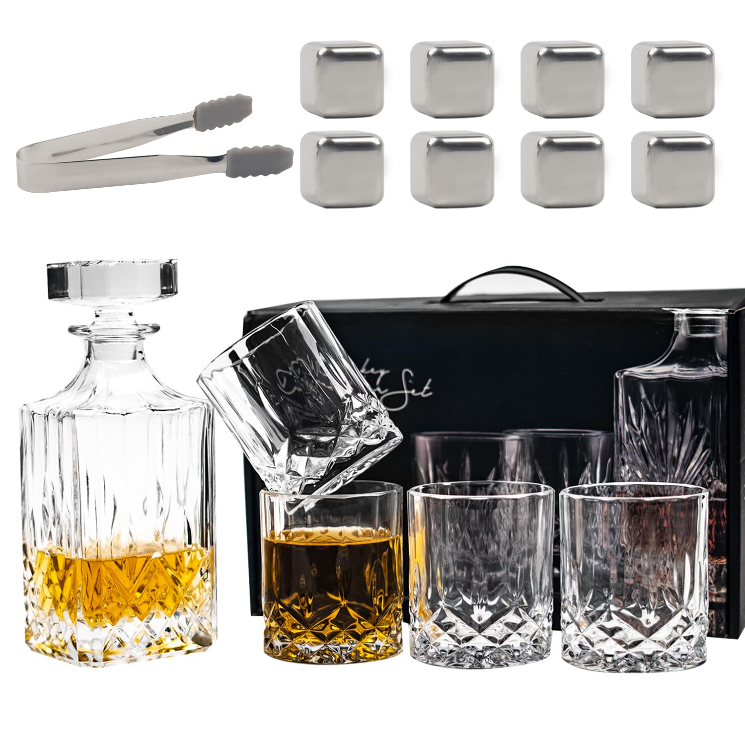 Whisky Decanter and Glasses Set, Whiskey Decanter Gift Set,Whisky Crystal Decanter,Classic Whiskey Decanter,Whiskey Gift Sets for Men,Incl 8 Whiskey Stones, 1 Pliers,4 Whisky Glasses
