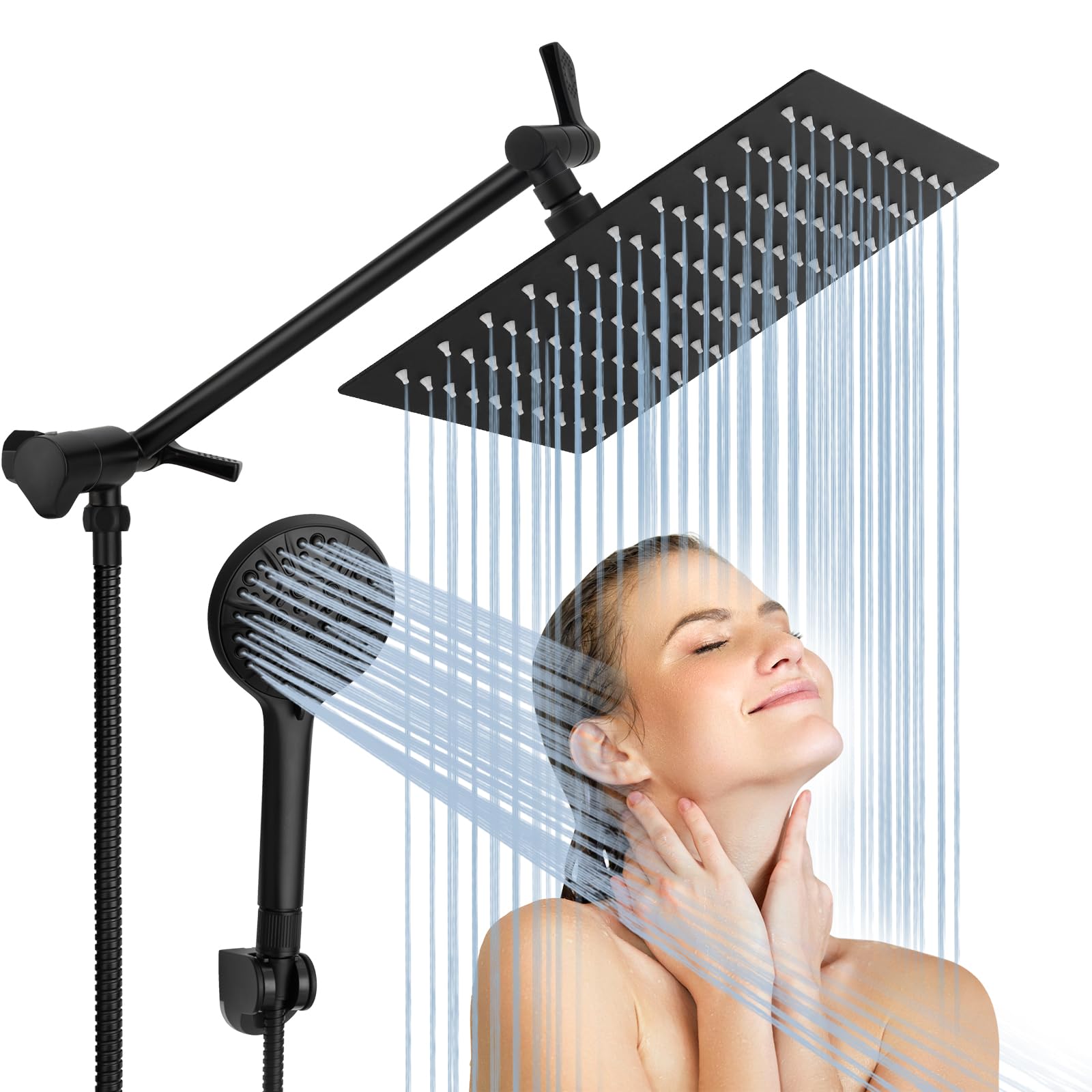 Photo 1 of Rain Shower Head with Handheld Spray, Lanhado 10'' High Pressure Shower Heads with 11'' Extension Arm, 9 Settings Handheld Shower Heads with Hose & Holder, Anti-leak Dual Rainfall Shower Head, Black