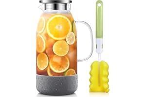 Glass Pitcher, ZBUFAN 2 Liter Glass Water Pitcher with Anti-Slip Base, Glass Jug with Lid for Fridge, Juice Pitchers for Ice 