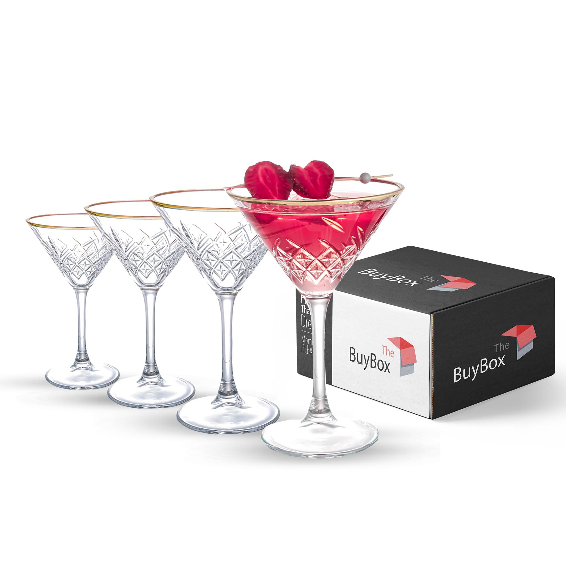Set of 4 Vintage Gold Rimmed Martini Glasses (7.7oz/230ml). Cocktail, Espresso Martini, Margarita, Prosecco, Coupe Glasses, Champagne Glasses with Long Stem