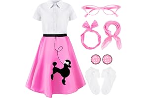 Silicherry 1950s Kids Poodle Skirt 50s Sock Hop Costume with Shirt Scarf Headband Earrings Glasses Socks