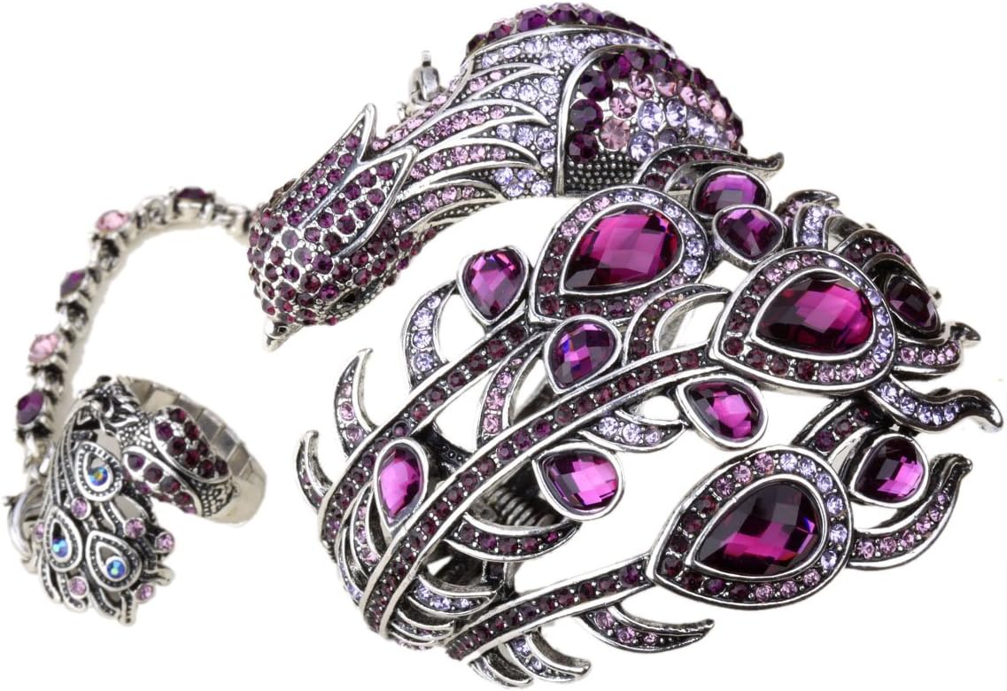YACQ Women's Hinged Big Peacock Bracelet Slave Stretch Ring Set - Fit Wrist Size 6-1/2 to 7-1/2 Inch & Finger 7 to 9 - Lead Nickle Free - Halloween Costome Outfit