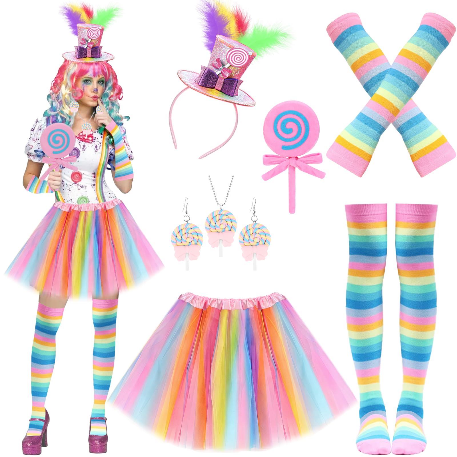 Photo 1 of 10 Pcs Candyland Costume Accessories - Mini Top Hat Feathers Headband Sweet Rainbow Necklace Lollipop Earrings Jombo Handheld Candy Pastel Tutu for Women Christmas Photo Props Candy Theme Cosplay
