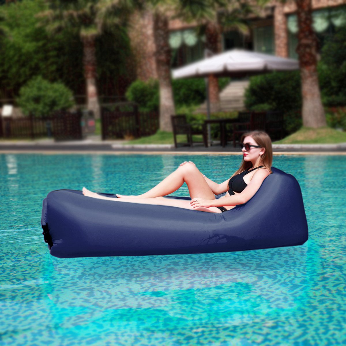 Inflatable Lounger Couch, Air Sofa Bed Chair with Cozy Ergonomic Angle and Fast Inflatable Design, Load-Bearing 500 LBS (Deep Blue)