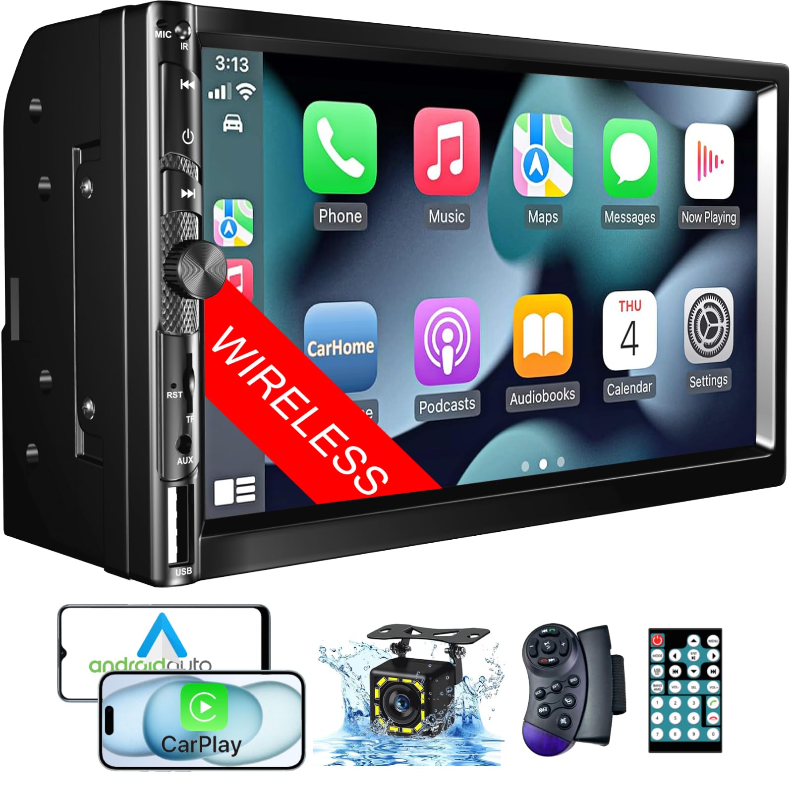 Photo 1 of Wireless 7 Inch Double Din Car Stereo with Apple Carplay,HD 1024 * 600 Touch Screen,FM Car Radio Receiver with Bluetooth 5.1 Hands-Free,GPS Navigation,Backup Camera,Android Auto,USB/AUX/TF/SWC/EQ