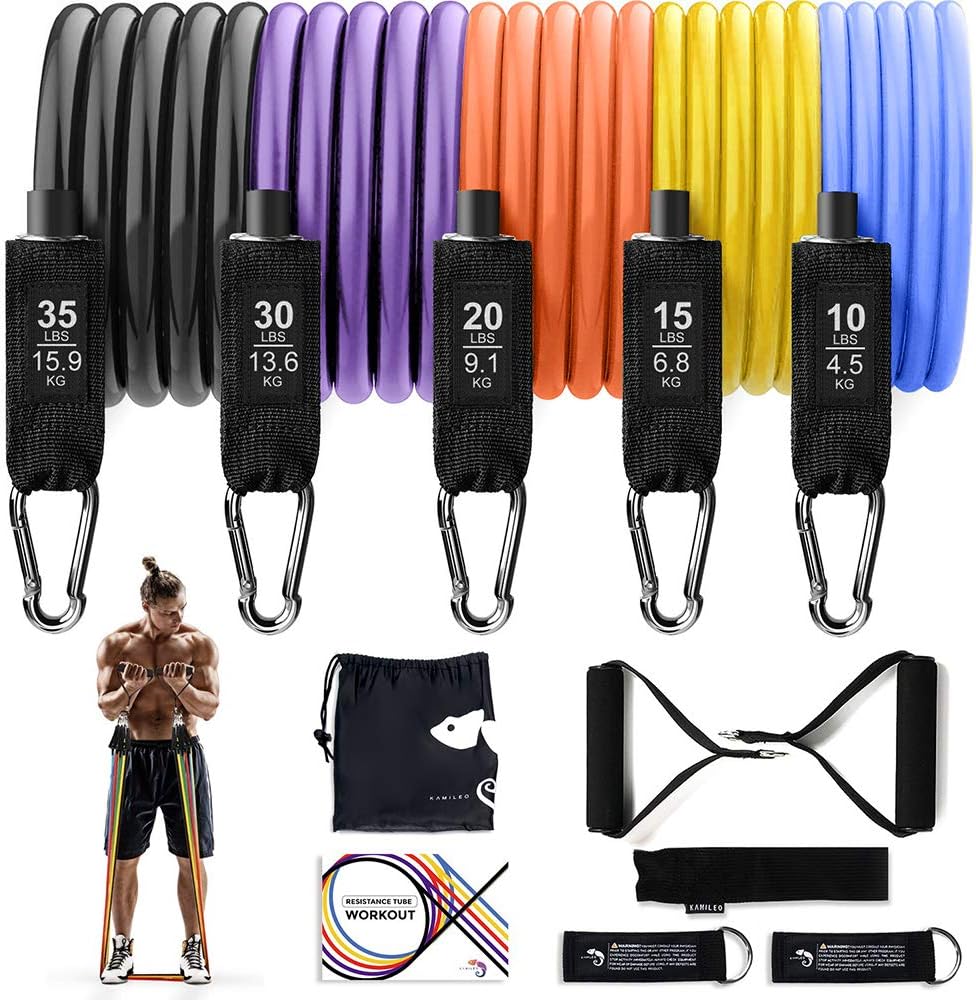 Kamileo Resistance Bands Set,Include 5 Exercise Bands Stackable up to 110 lbs,with Resistance Band Handles,Door Anchor,Legs Ankle Straps,Carry Bag & Guidebook