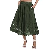 Women's Summer Elastic High Waist A-Line Vintage Embroidery Lace Tiered 2026 Casual Vacation Boho Midi Skirts