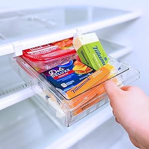 SQUAREBOX Refrigerator Pull Out Drawer Organizer | Refrigerator Deli Drawers | 8 Grid Pull Out Fridge Storage Drawer | Clear Plastic Pantry Food Storage Drawer | Includes Set of Refrigerator Mats