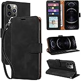JHWVVTF for iPhone 12 Case Wallet, for iPhone 12 Pro Case, [RFID Blocking 4 Card Slots] [Kickstand] [Wrist Strap] [Magnetic Closure] Soft PU Leather Shockproof Protective Flip Cover (Black)