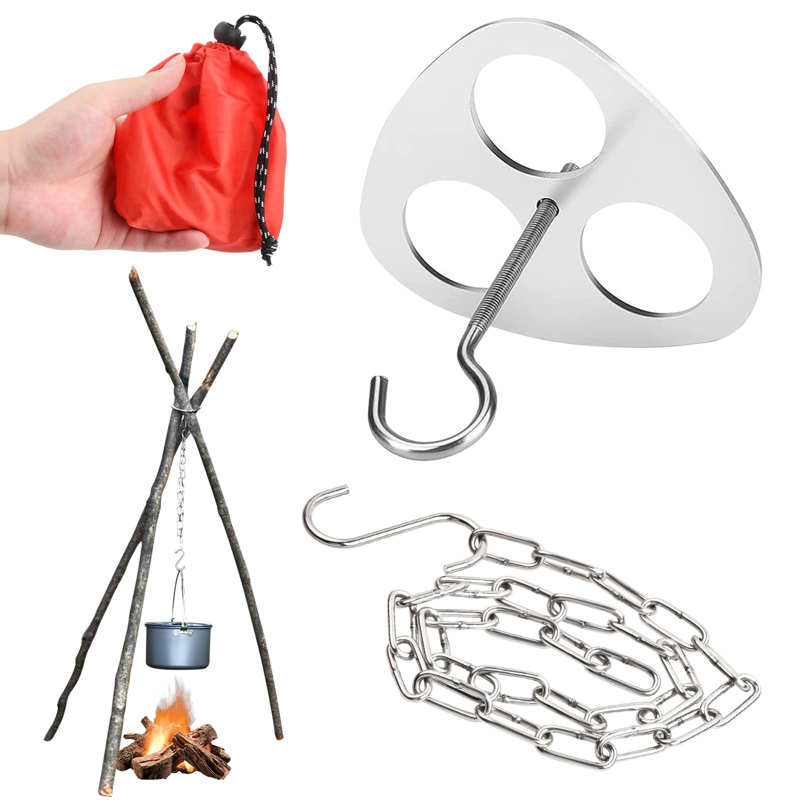 Tinsellns Campfire Cooking Tripod Camping Tripod Board Accessories Stainless Steel Portable for Hanging Cookware Perfect Accessories, Silver