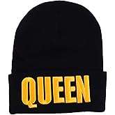 Trendy Apparel Shop 3D King and Queen Embroidered Winter Cuff Folded Long Beanie