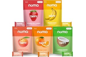Numa Foods Nutritious Chewy & Creamy Candy Variety Pack - Low Sugar, All-Natural, Gluten Free, High Protein - 5 Bags of 10 Individually Wrapped Chews Each of Vanilla Banana Strawberry Coconut Coffee