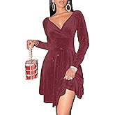 Sexyasasii V Neck Dress for Women Long Sleeve Wrap Glitter Velvet Aline Flowy Velour Cocktail Club Party Fall Women New Years Eve Dress(DustyRose,S)