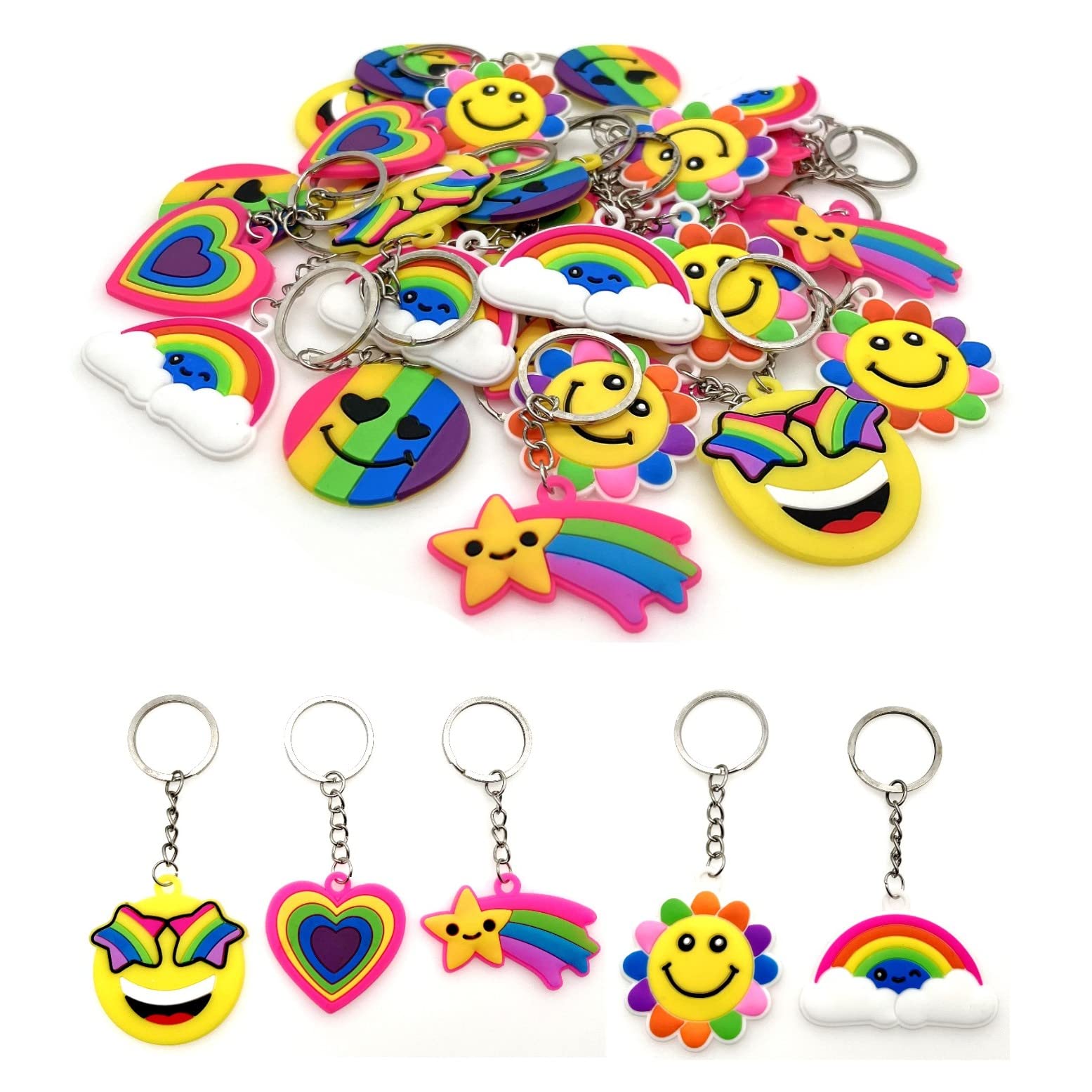 JZK 30 Pcs Rainbow Keyrings Set - Rubber Smile Face Keychains for Kids' Birthday Party Favours and Thank You Gifts