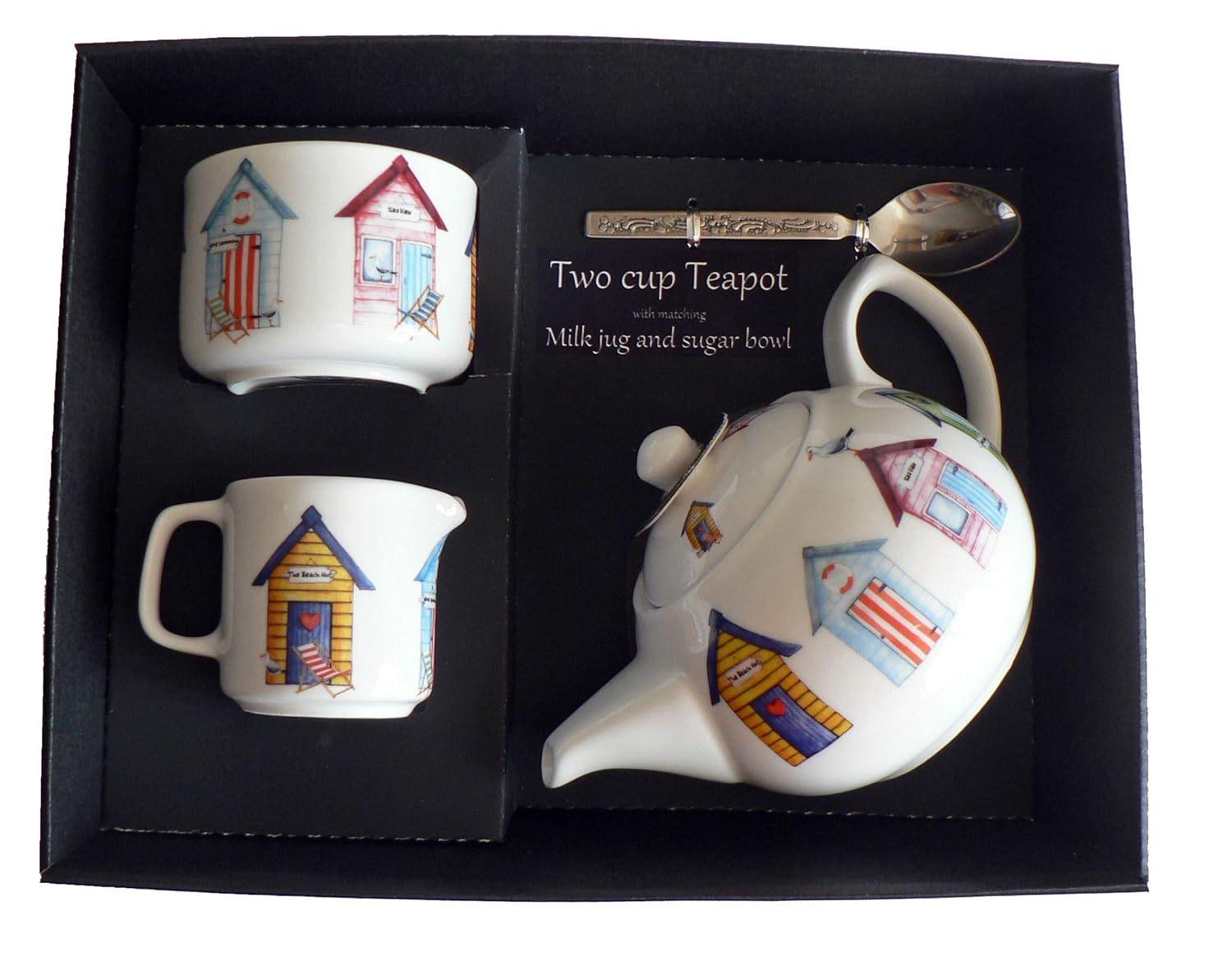 Beach Hut Teapot, Milk jug and Sugar Bowl in Gift Set Porcelain