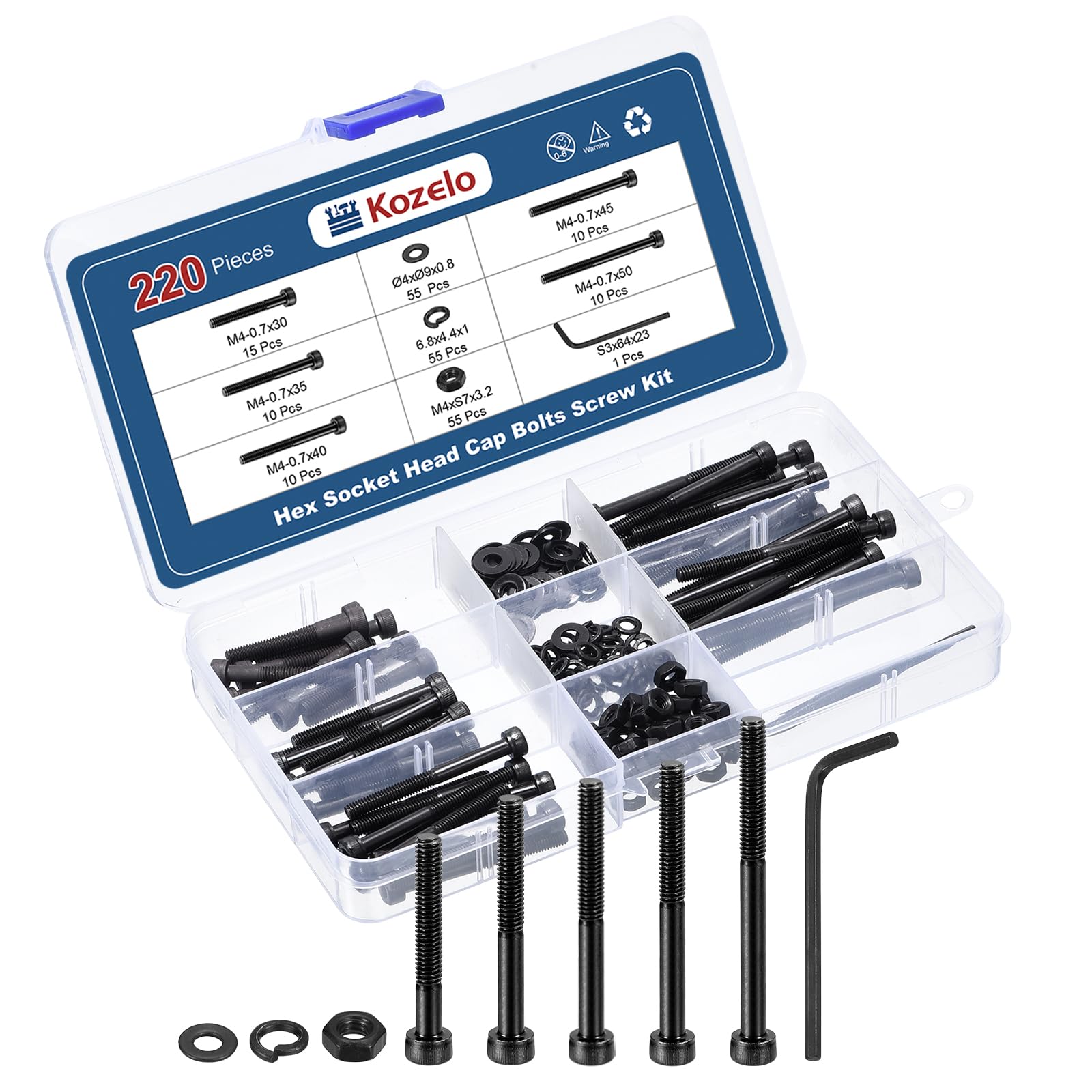 Kozelo 220pcs M4 Socket Head Cap Screws Bolts Nuts Assortment Kit - [M4x30/35/40/45/50mm] Alloy Steel Fully Threaded Black Oxide 12.9 Internal Hex Screw for 3D Printer Use, with Wrench — image 1