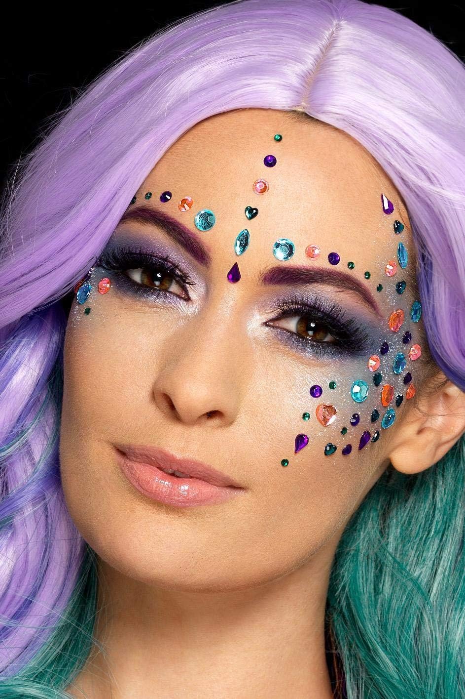 Smiffys Make-Up FX, Pastel Jewel Face Gems, Purple Sheet of 100 Assorted, Self Adhesive, Cosmetics and Disguises Fancy Dress - Image 4