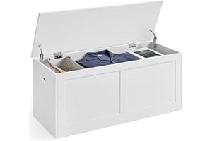 VASAGLE Storage Chest, Storage Trunk with 2 Safety Hinges, Storage Bench, Shoe Bench, Farmhouse Style, 15.7 x 39.4 x 18.3 Inches, for Entryway, Bedroom, Living Room, Cloud White ULSB164W01