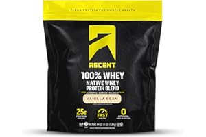 Ascent 100% Whey Protein Powder - Post Workout Whey Protein Isolate, Zero Artificial Flavors & Sweeteners, Gluten Free, 5.5g BCAA, 2.6g Leucine, Essential Amino Acids, Vanilla Bean 4 lb