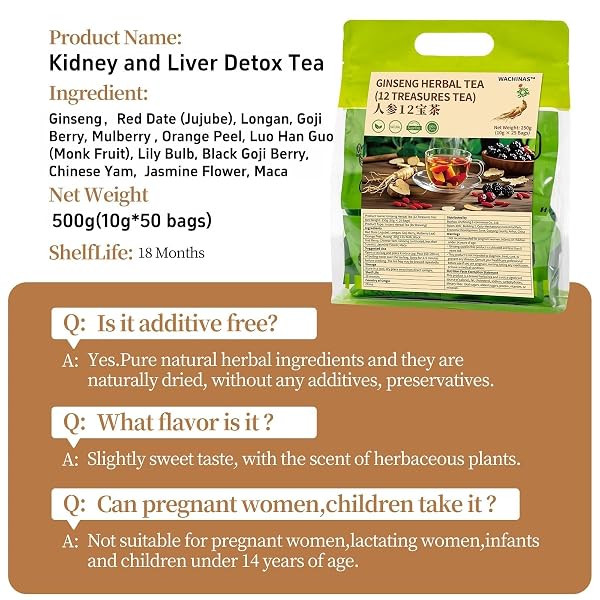 PREMIUM GINSENG TEA – NATURAL ORGANIC KIDNEY AND LIVER DETOX TEA – 12 HERBAL BLEND WITH GOJI BERRY,JUJUBE, LONGAN, MULBERRY & MACA – CAFFEINE & SUGAR FREE – 25INDIVIDUALLY WRAPPED PYRAMID LARGE TEA BAGS (250G)