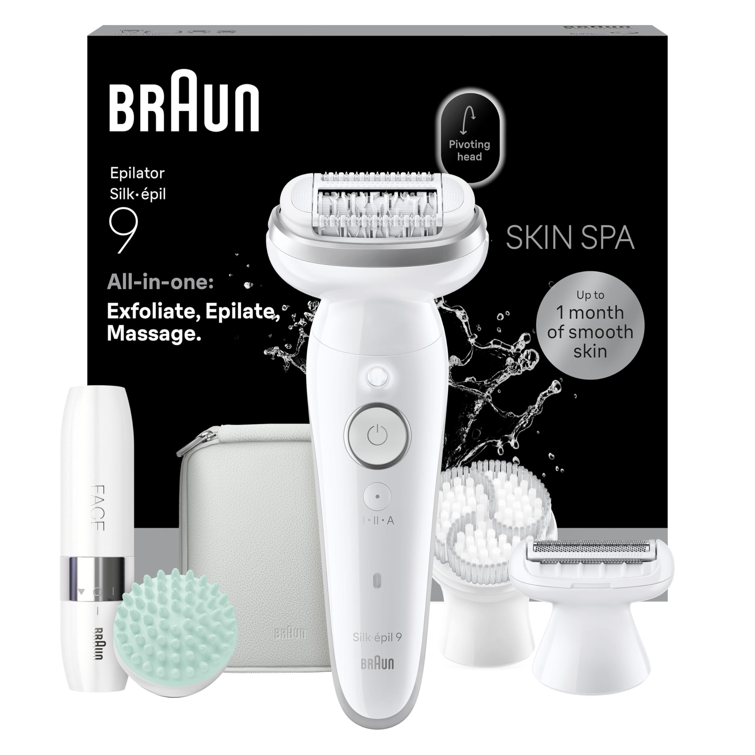 Braun Silk·épil 9 SkinSpa Epilierer Damen, All-in-One Set, Schwenkkopf, Nass & Trocken Haarentfernung — Inkl. Peelingbürste, Massagepad, Rasier- & Trimmeraufsatz, Mini-Gesichtsrasierer — 9-381, Silber
