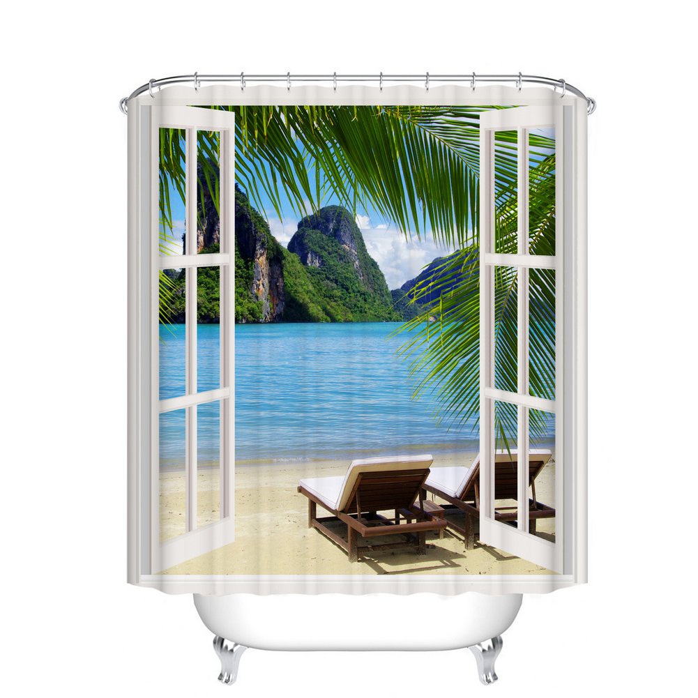Fangkun Shower Curtain Art Window Frame Landscape Painting for Home Decor - Polyester Fabric Bathroom Shower Curtains Set - 12pcs Hooks - 72 x 72 inches