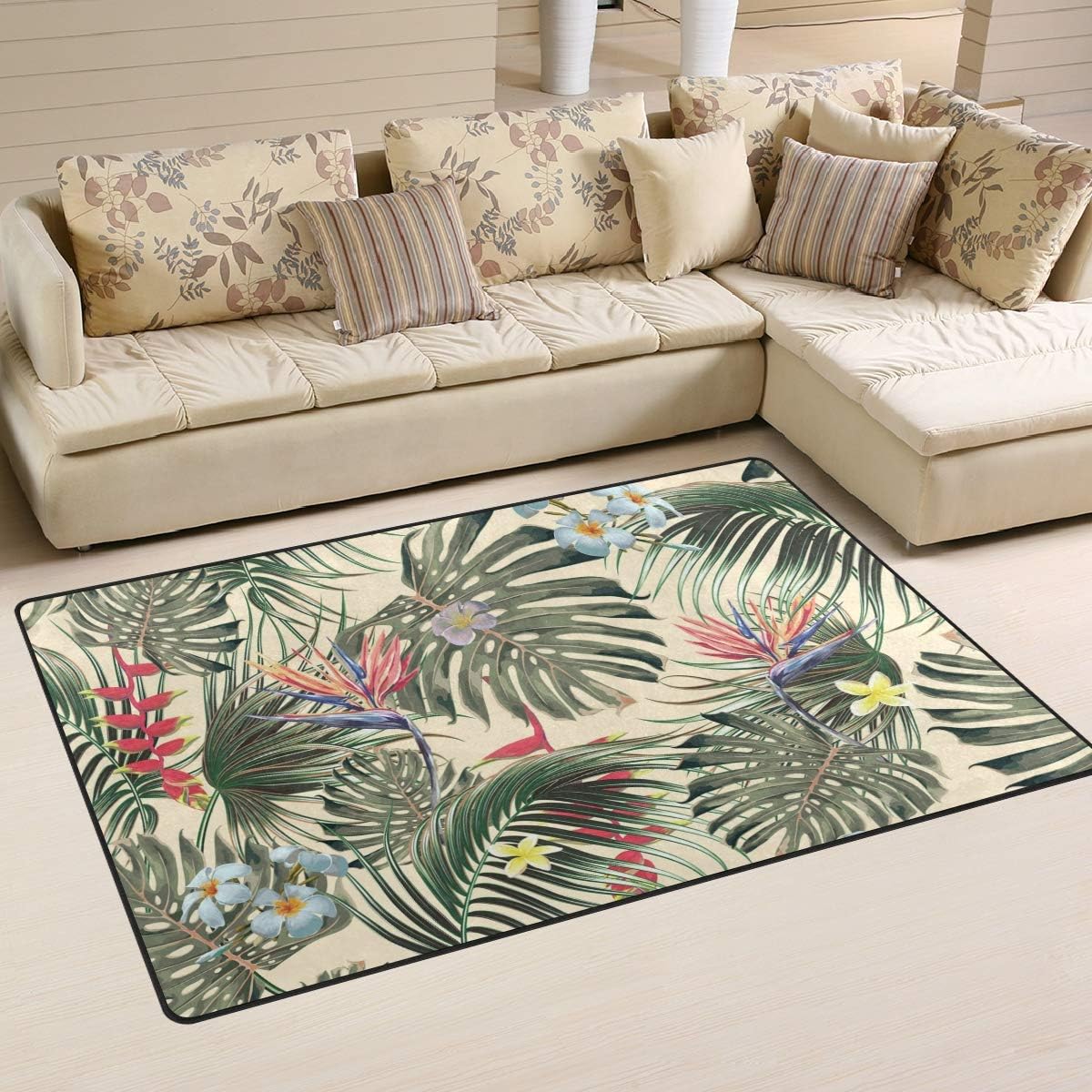FOLPPLY Vintage Tropical Palm Floral Plant Area Rug, Non-Slip Carpet Floor Mats for Indoor Outdoor Front Door Bathroom Home Decor, 3' x 5'