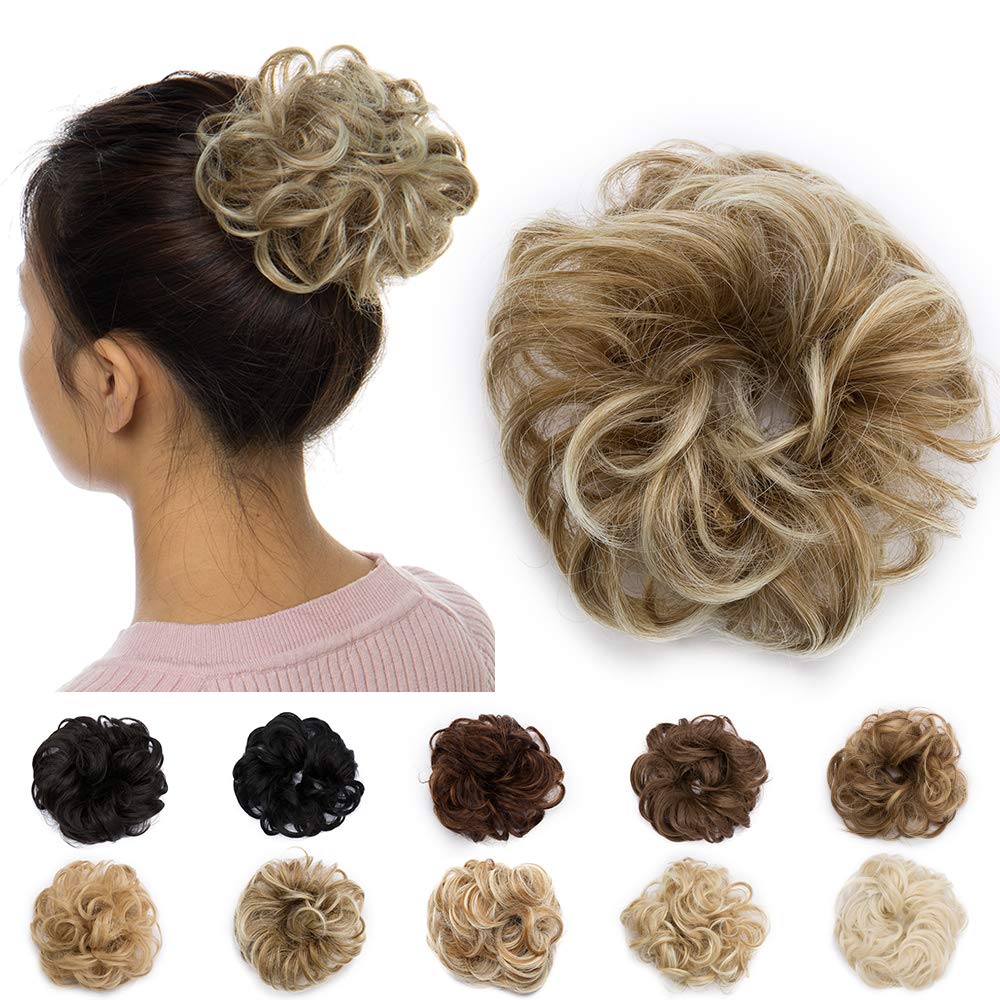 Silk-co 25g 1Pcs Messy Hair Bun Donut Hair Chignon Updo Scrunchy Scrunchie Bun Updo Hairpiece Ribbon Ponytail Extensions Sandy Brown to Bleach Blonde