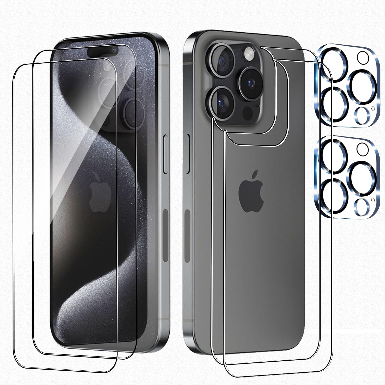 Photo 1 of BIGFLYANTS 2 Pack Front Screen and 2 Back Glass Protector Compatible with iPhone 15 Pro Max + 2 Pcs Camera Lens Protector, 9H Hardness, Easy to Install with Alignment Tool
