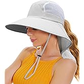 Sun Hats for Women UV Protection with Neck Flap Wide Brim Beach Hats with Ponytail Hole for Hiking Fishing Gardening Travel