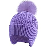 Toddler Earflap Beanie Hat with Rainbow Pom for Little Girls Knitted Beanies Kids Winter Skiing Caps Age 3-8