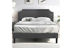 VECELO Full Size Platform Bed Frame with Fabric Upholstered Headboard and Wooden Slats Support, No Box Spring Needed/Easy Assembly,Grey